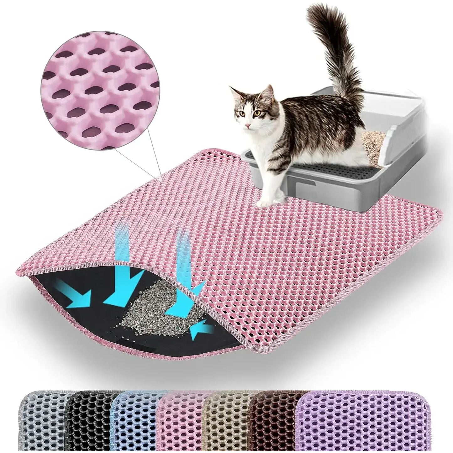 Cat Litter Mat, 47X27 Inches Large Double Layer Honeycomb Cat Litter Trapping Mat, Non Slip Waterproof Urine Proof Cat Litter Box Mat for Floor, Kitty Litter Rug, Cat Supplies, Pink