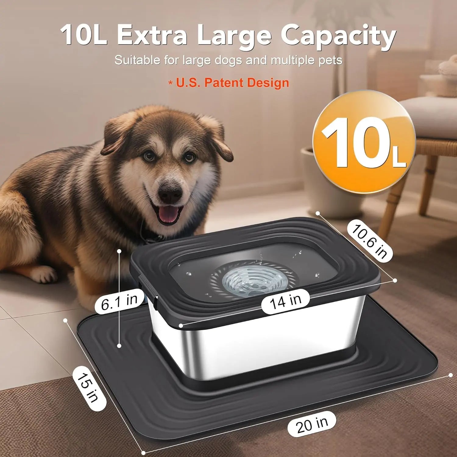7L & 10L Stainless Steel Dog Drinking Water Bowl, No Spill Anti-Splash with XXL Silicone Mat, Spill-Proof Slow Feeder for Messy Drinkers, Heavy Duty Pet Bowls for Indoor Outdoor Use, 1.8 & 2.6 Gallon Capacity, Double Anti-Skid Design