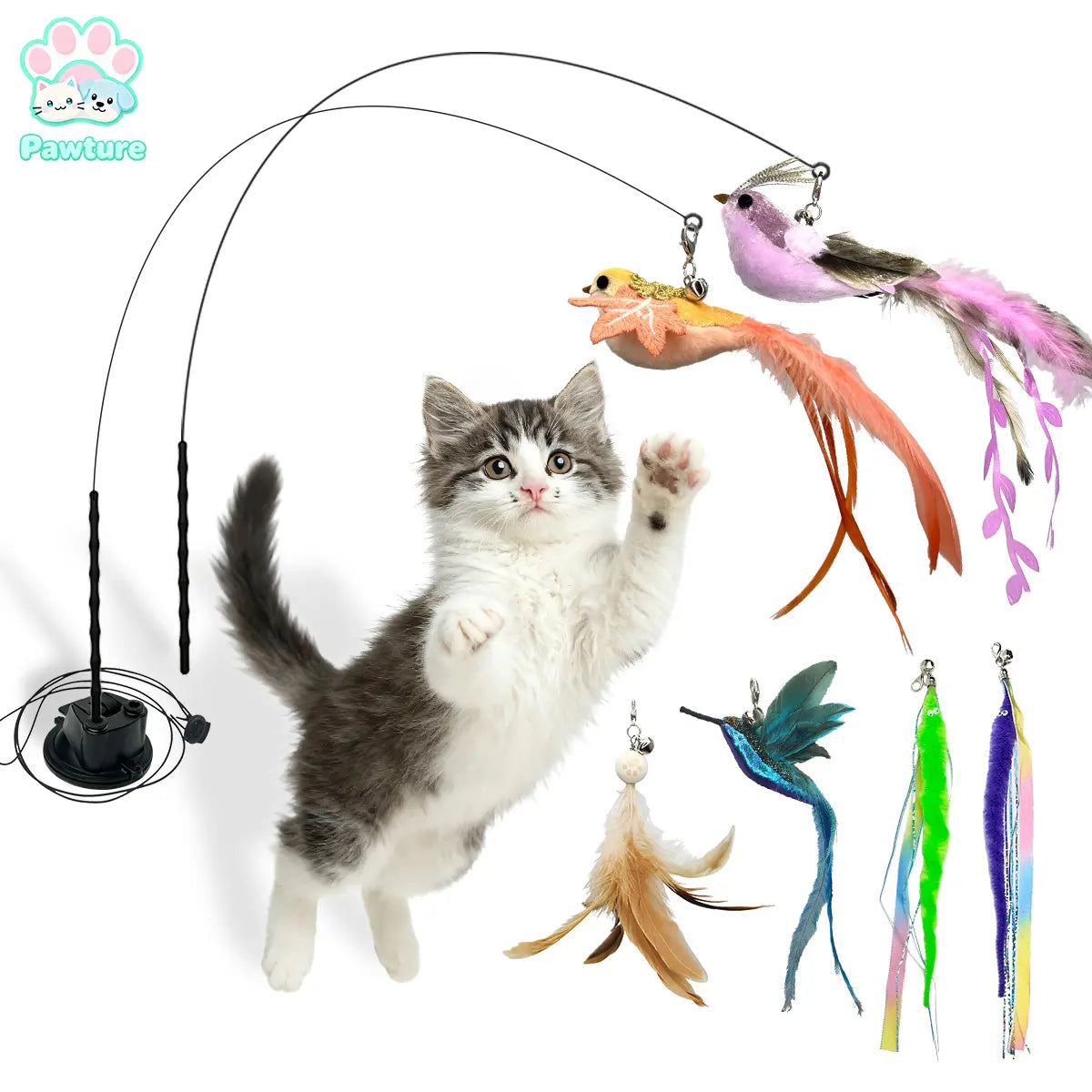 10PCS Auto Interactive Bird Cat Toy Set, Hands-Free Suction Cup Wand with Natural Feathers & Bells, Realistic Hunting & Chase Self-Playing Toys for Indoor Cats, with Multiple Replacements