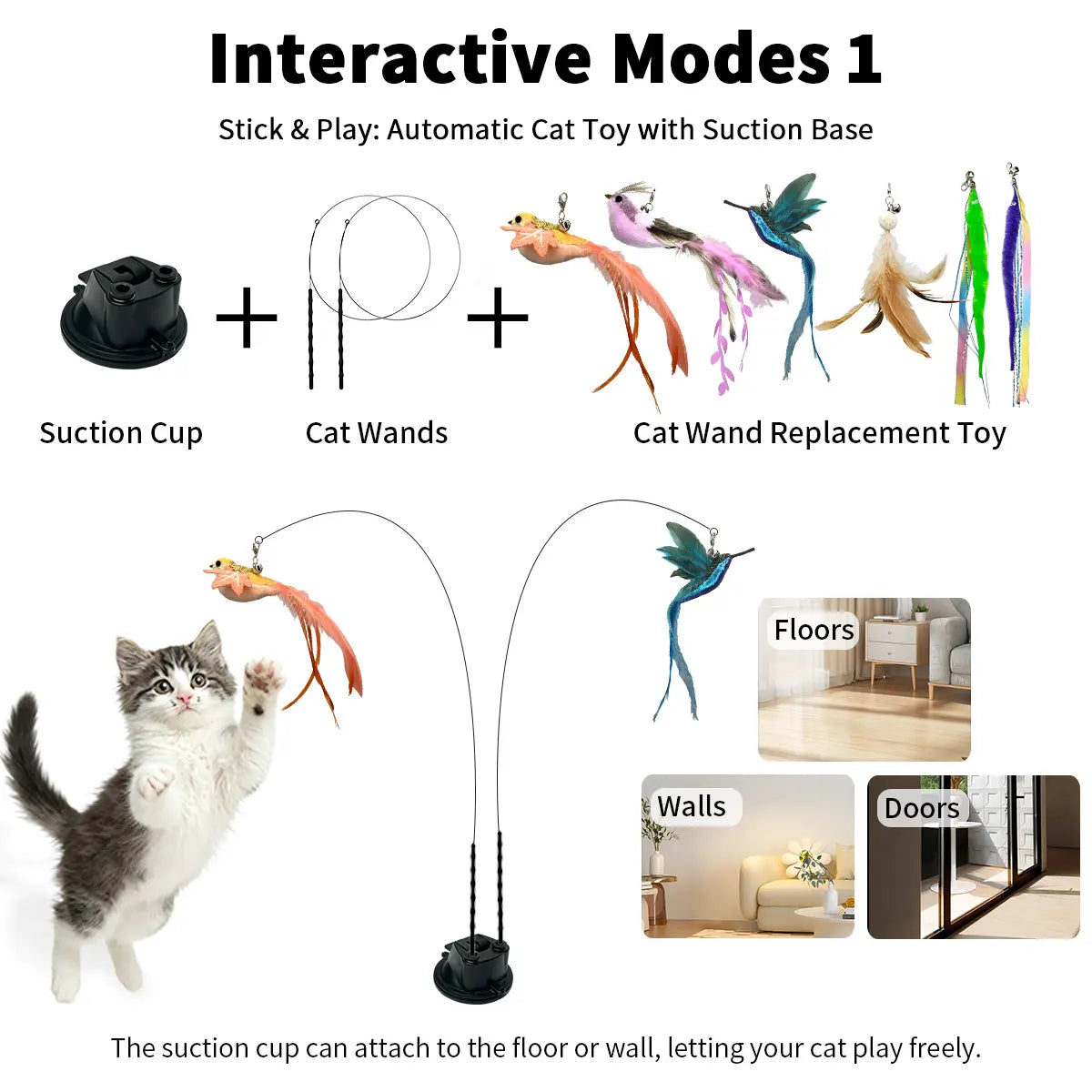 10PCS Auto Interactive Bird Cat Toy Set, Hands-Free Suction Cup Wand with Natural Feathers & Bells, Realistic Hunting & Chase Self-Playing Toys for Indoor Cats, with Multiple Replacements