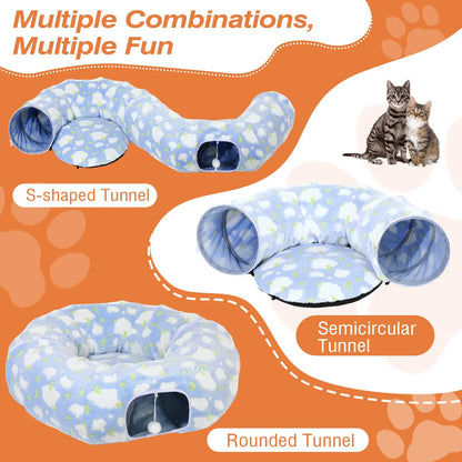 Cat Tunnels for Indoor Cats, 35'' Plush Cat Tunnel Bed Christmas Tree Skirt with Playful Ball and Circle Cushion, Foldable Peekaboo Cave, Interactive Toy,