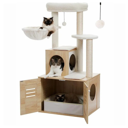 PAWZ Road Cat Tree Modern Cat Tower 50-Inch Wood Cat Condo with Large Hammock Top Perch for Large/Fat Cats, Rustic Brown Beige#Summervibes #Petlovers