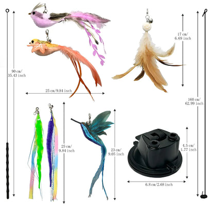 10PCS Auto Interactive Bird Cat Toy Set, Hands-Free Suction Cup Wand with Natural Feathers & Bells, Realistic Hunting & Chase Self-Playing Toys for Indoor Cats, with Multiple Replacements