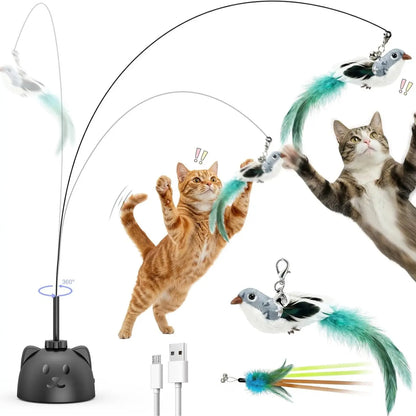 CATPICK Interactive Flying Bird Cat Toy, Automatic Teaser with Suction Cup, Dual Modes – 360° Rotation & Random Jumping, Auto Start/Stop, Safe Silicone Rod, USB Rechargeable for Kittens & Adult Cats