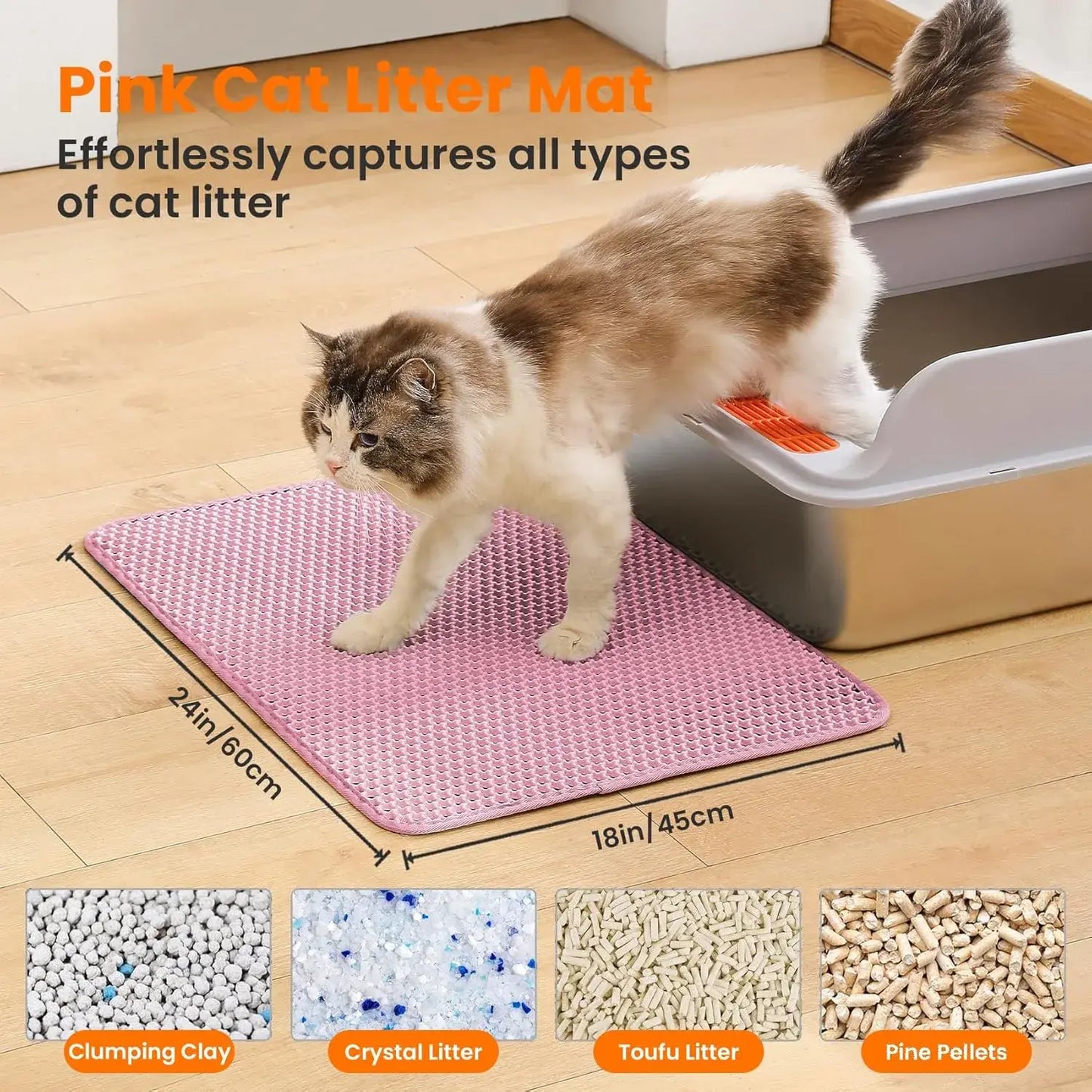 Cat Litter Mat, 47X27 Inches Large Double Layer Honeycomb Cat Litter Trapping Mat, Non Slip Waterproof Urine Proof Cat Litter Box Mat for Floor, Kitty Litter Rug, Cat Supplies, Pink