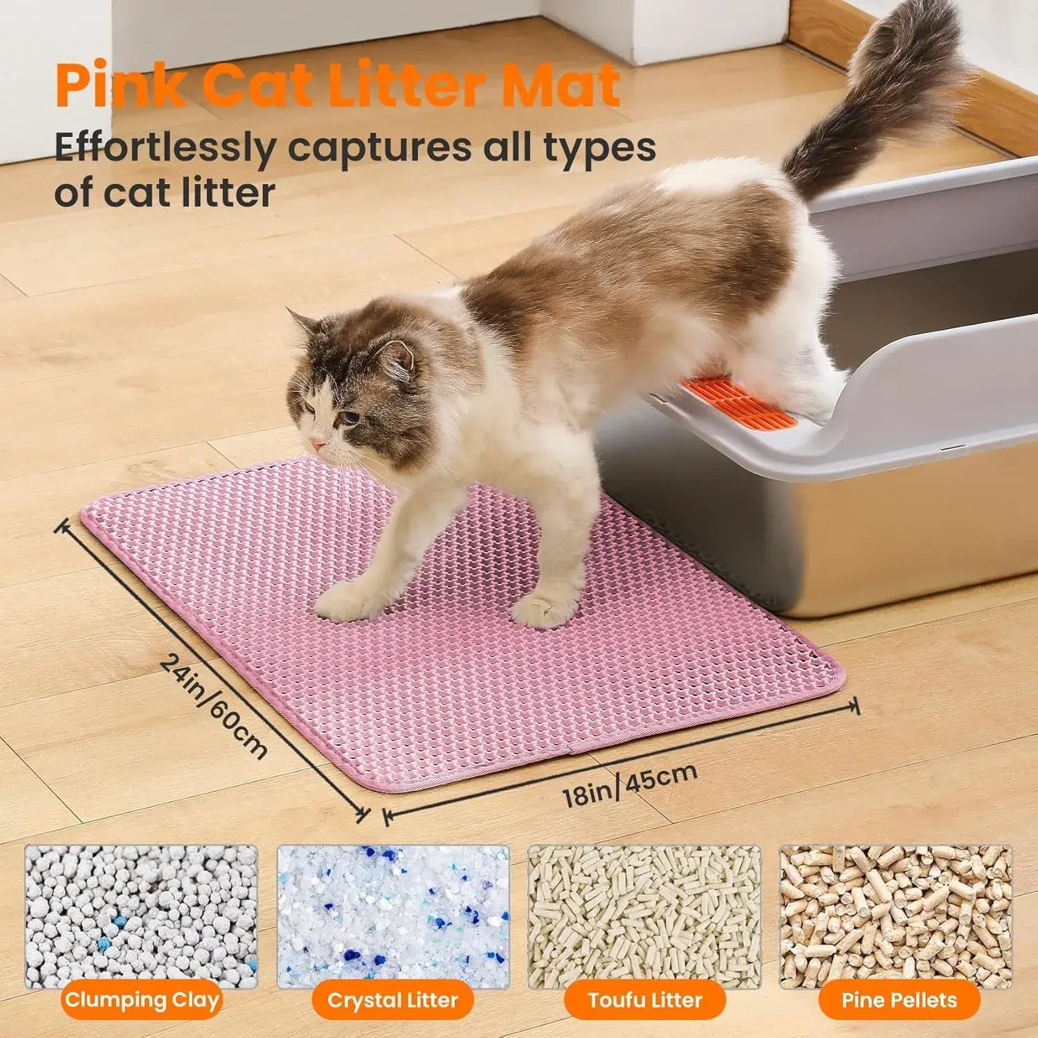 Cat Litter Mat, 47X27 Inches Large Double Layer Honeycomb Cat Litter Trapping Mat, Non Slip Waterproof Urine Proof Cat Litter Box Mat for Floor, Kitty Litter Rug, Cat Supplies, Pink