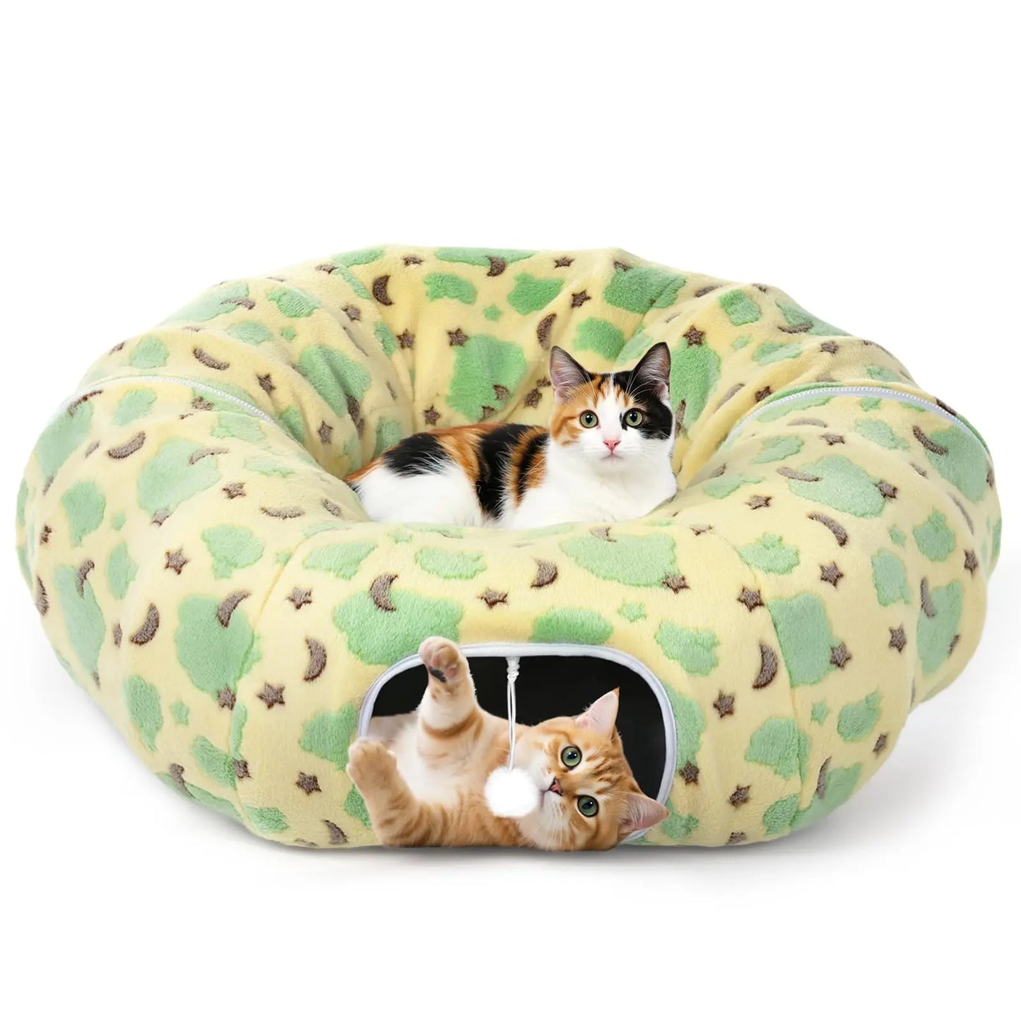 Cat Tunnels for Indoor Cats, 35'' Plush Cat Tunnel Bed Christmas Tree Skirt with Playful Ball and Circle Cushion, Foldable Peekaboo Cave, Interactive Toy,