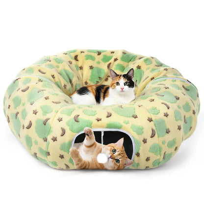 Cat Tunnels for Indoor Cats, 35'' Plush Cat Tunnel Bed Christmas Tree Skirt with Playful Ball and Circle Cushion, Foldable Peekaboo Cave, Interactive Toy,