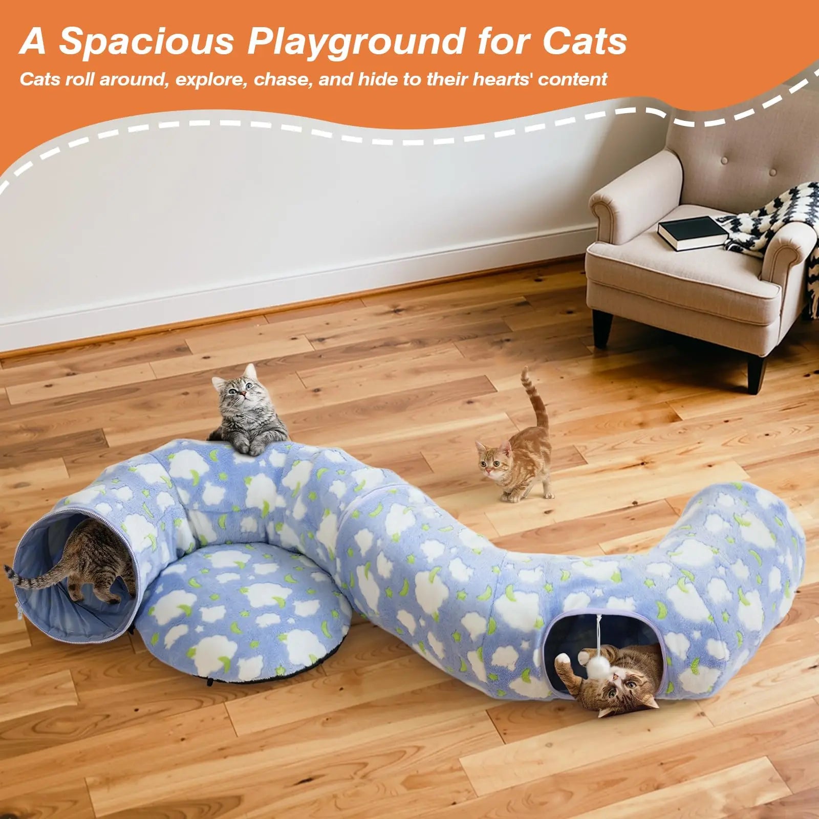 Cat Tunnels for Indoor Cats, 35'' Plush Cat Tunnel Bed Christmas Tree Skirt with Playful Ball and Circle Cushion, Foldable Peekaboo Cave, Interactive Toy,