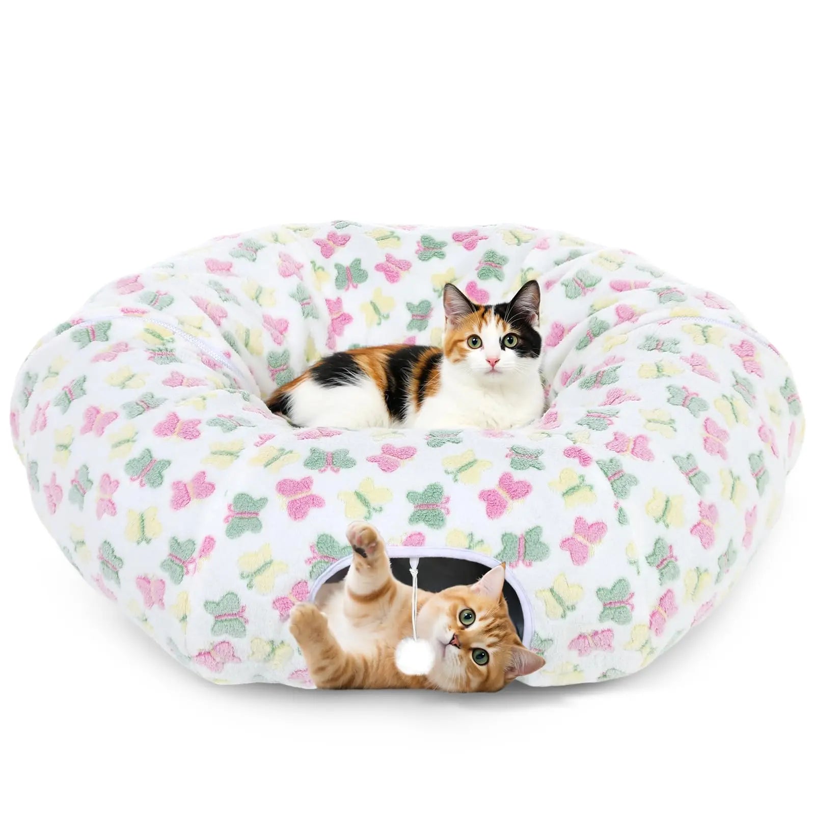 Cat Tunnels for Indoor Cats, 35'' Plush Cat Tunnel Bed Christmas Tree Skirt with Playful Ball and Circle Cushion, Foldable Peekaboo Cave, Interactive Toy,