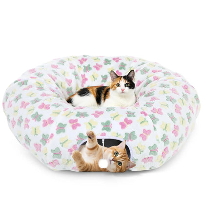 Cat Tunnels for Indoor Cats, 35'' Plush Cat Tunnel Bed Christmas Tree Skirt with Playful Ball and Circle Cushion, Foldable Peekaboo Cave, Interactive Toy,