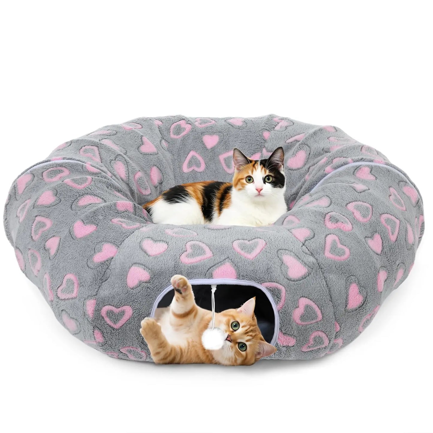 Cat Tunnels for Indoor Cats, 35'' Plush Cat Tunnel Bed Christmas Tree Skirt with Playful Ball and Circle Cushion, Foldable Peekaboo Cave, Interactive Toy,