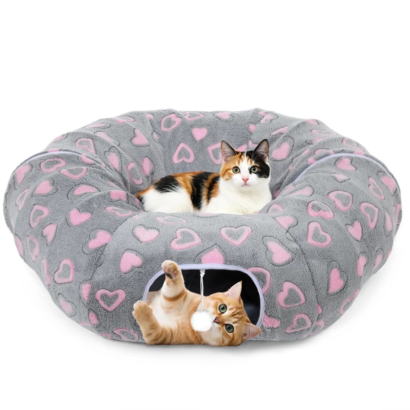 Cat Tunnels for Indoor Cats, 35'' Plush Cat Tunnel Bed Christmas Tree Skirt with Playful Ball and Circle Cushion, Foldable Peekaboo Cave, Interactive Toy,