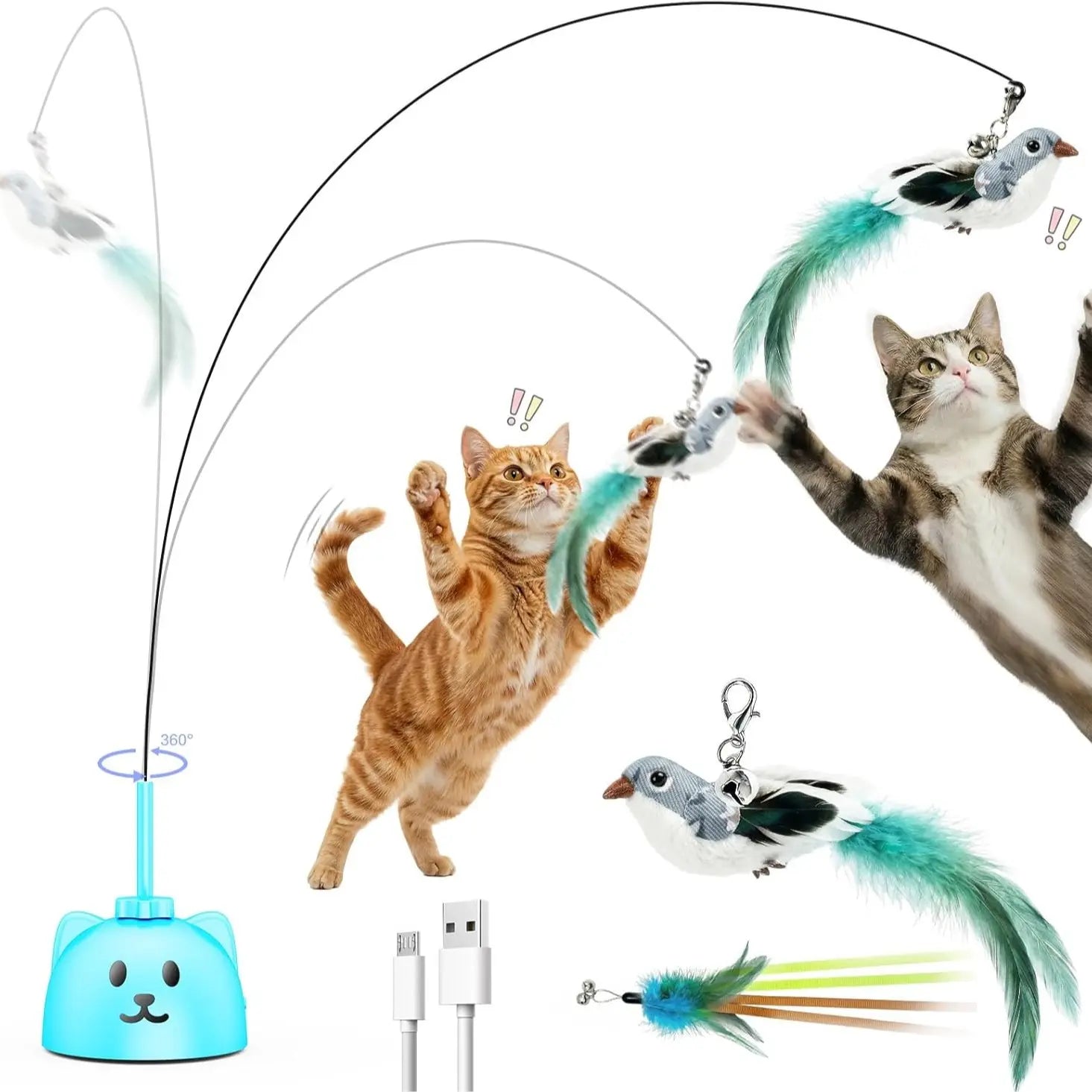 CATPICK Interactive Flying Bird Cat Toy, Automatic Teaser with Suction Cup, Dual Modes – 360° Rotation & Random Jumping, Auto Start/Stop, Safe Silicone Rod, USB Rechargeable for Kittens & Adult Cats