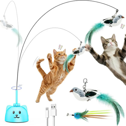 CATPICK Interactive Flying Bird Cat Toy, Automatic Teaser with Suction Cup, Dual Modes – 360° Rotation & Random Jumping, Auto Start/Stop, Safe Silicone Rod, USB Rechargeable for Kittens & Adult Cats