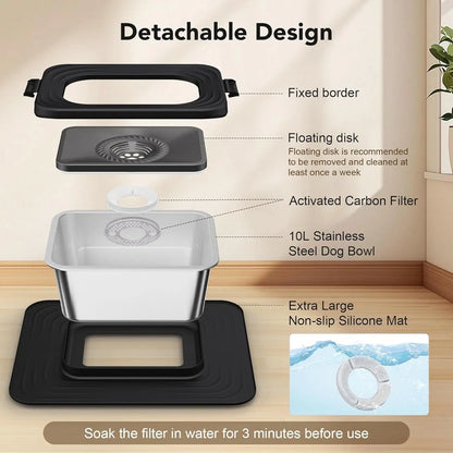 7L & 10L Stainless Steel Dog Drinking Water Bowl, No Spill Anti-Splash with XXL Silicone Mat, Spill-Proof Slow Feeder for Messy Drinkers, Heavy Duty Pet Bowls for Indoor Outdoor Use, 1.8 & 2.6 Gallon Capacity, Double Anti-Skid Design