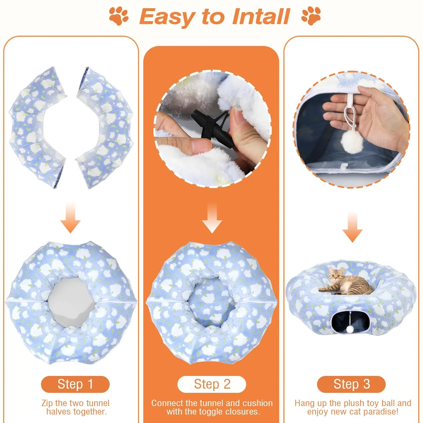Cat Tunnels for Indoor Cats, 35'' Plush Cat Tunnel Bed Christmas Tree Skirt with Playful Ball and Circle Cushion, Foldable Peekaboo Cave, Interactive Toy,