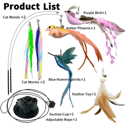 10PCS Auto Interactive Bird Cat Toy Set, Hands-Free Suction Cup Wand with Natural Feathers & Bells, Realistic Hunting & Chase Self-Playing Toys for Indoor Cats, with Multiple Replacements
