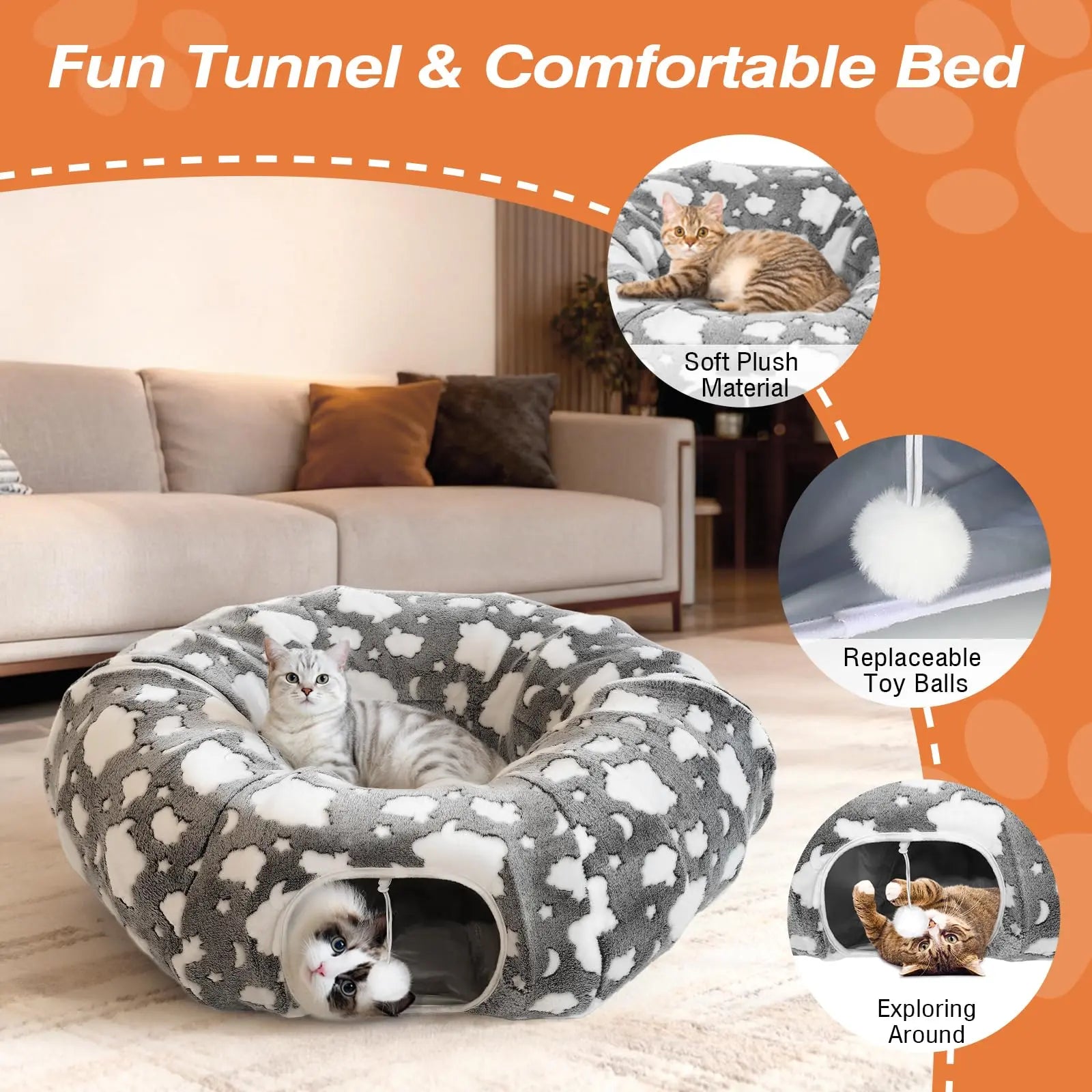 Cat Tunnels for Indoor Cats, 35'' Plush Cat Tunnel Bed Christmas Tree Skirt with Playful Ball and Circle Cushion, Foldable Peekaboo Cave, Interactive Toy,