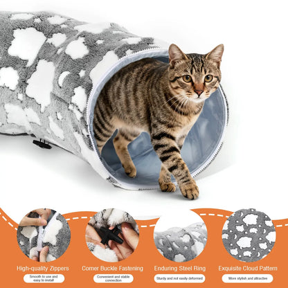 Cat Tunnels for Indoor Cats, 35'' Plush Cat Tunnel Bed Christmas Tree Skirt with Playful Ball and Circle Cushion, Foldable Peekaboo Cave, Interactive Toy,