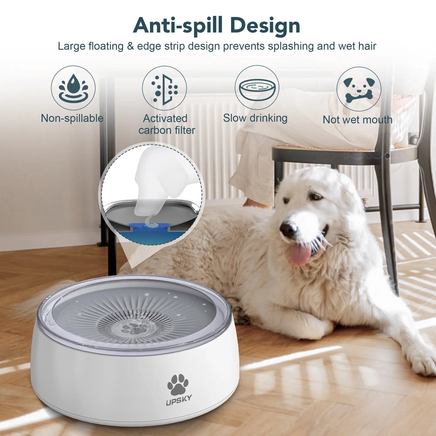 3L Dog Water Bowl 101Oz Large No Spill Dog Bowl with Slow Feeder Mat, Splash Proof Pet Water Dispenser with Filters, Slow Drinking Bowl Vehicle Carried Travel Water Bowl for Dogs, Cats Dog Water