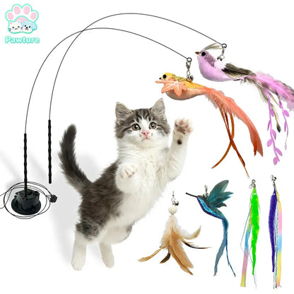 10PCS Auto Interactive Bird Cat Toy Set, Hands-Free Suction Cup Wand with Natural Feathers & Bells, Realistic Hunting & Chase Self-Playing Toys for Indoor Cats, with Multiple Replacements