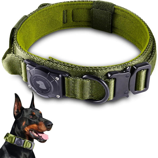 2026 Upgrade Waterproof Airtag Dog Collar Khaki L Military Tactical with Airtag Holder Comfortable Control Handle Metal Buckle GPS Holder for Medium to Large Dogs - Leather