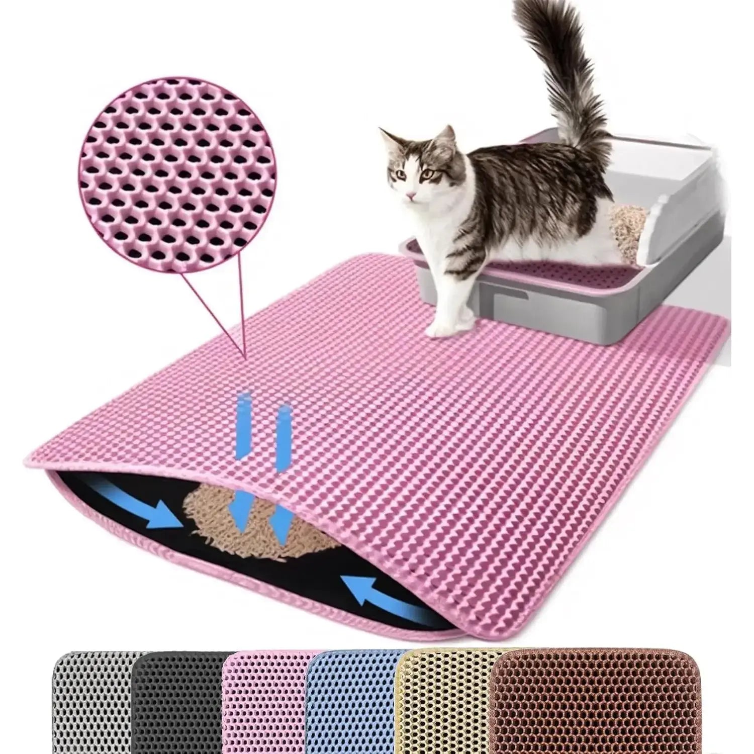 Cat Litter Mat, 47X27 Inches Large Double Layer Honeycomb Cat Litter Trapping Mat, Non Slip Waterproof Urine Proof Cat Litter Box Mat for Floor, Kitty Litter Rug, Cat Supplies, Pink