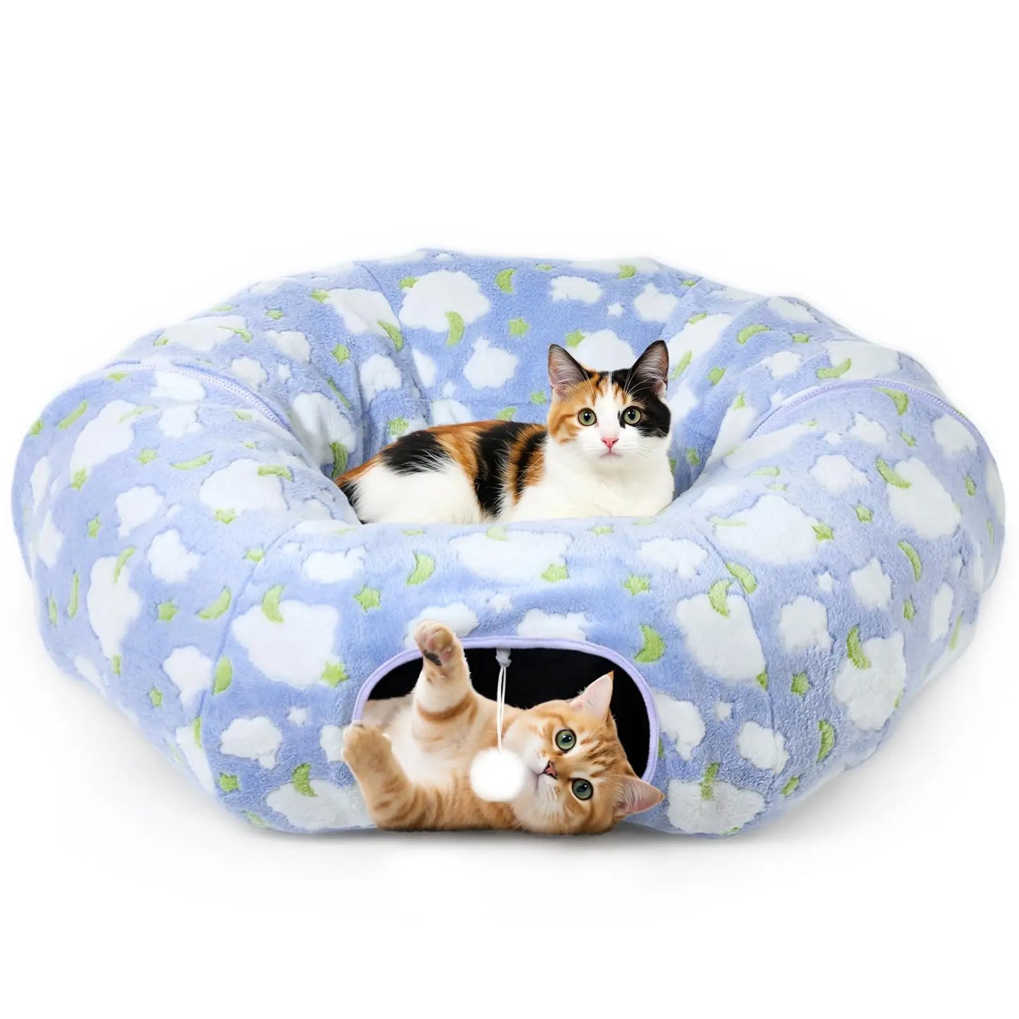 Cat Tunnels for Indoor Cats, 35'' Plush Cat Tunnel Bed Christmas Tree Skirt with Playful Ball and Circle Cushion, Foldable Peekaboo Cave, Interactive Toy,