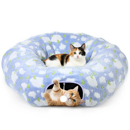Cat Tunnels for Indoor Cats, 35'' Plush Cat Tunnel Bed Christmas Tree Skirt with Playful Ball and Circle Cushion, Foldable Peekaboo Cave, Interactive Toy,