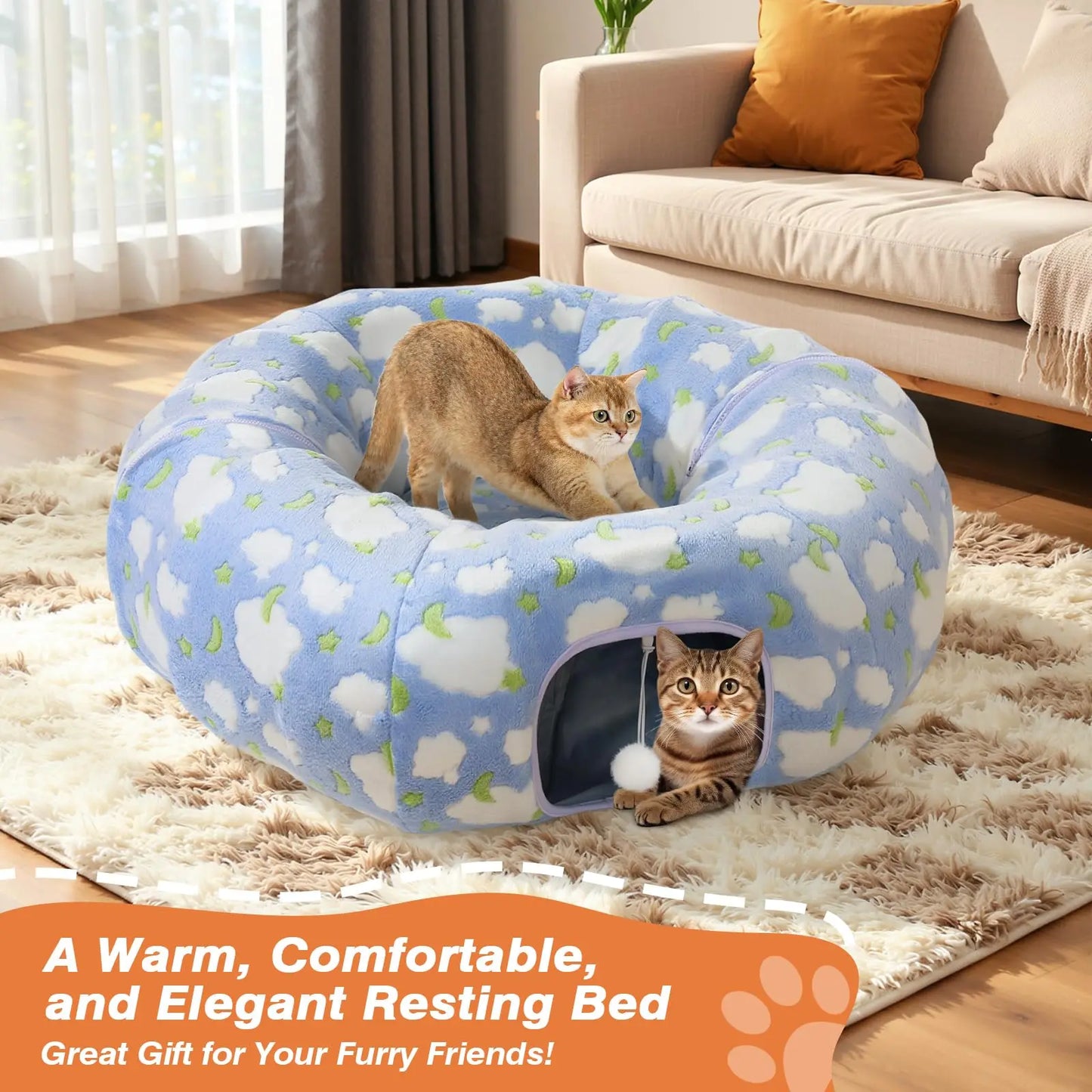 Cat Tunnels for Indoor Cats, 35'' Plush Cat Tunnel Bed Christmas Tree Skirt with Playful Ball and Circle Cushion, Foldable Peekaboo Cave, Interactive Toy,