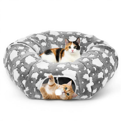 Cat Tunnels for Indoor Cats, 35'' Plush Cat Tunnel Bed Christmas Tree Skirt with Playful Ball and Circle Cushion, Foldable Peekaboo Cave, Interactive Toy,